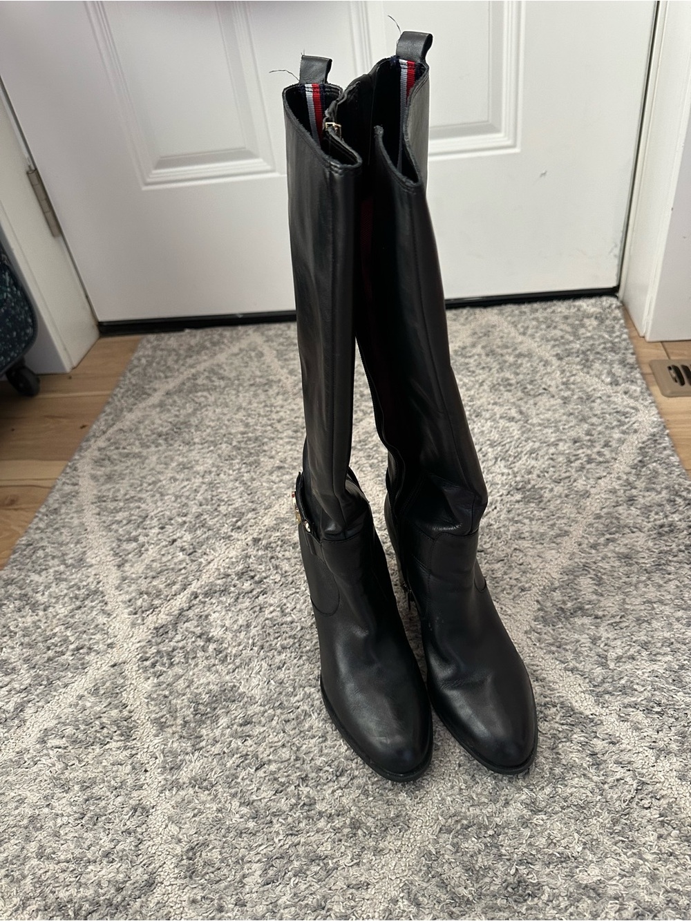 Tommy Hilfiger Black Knee-High Leather Heeled Boots with Red Trim
